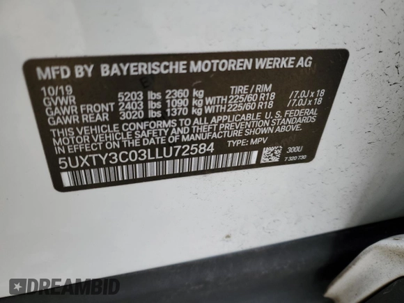 2020 BMW X3 sDrive30i with VIN 5UXTY3C03LLU72584, listed as a Copart auction lot 44106795 with 77,594 mi miles and Salvage Title. Bid and sale history available at carsss.com. Image 14.