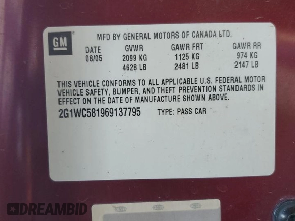 2006 Chevrolet Impala LT 3.9L with VIN 2G1WC581969137795, listed as a Copart auction lot 53663575 with 228,164 mi miles and Salvage Title. Bid and sale history available at DreamBid. Image 12.