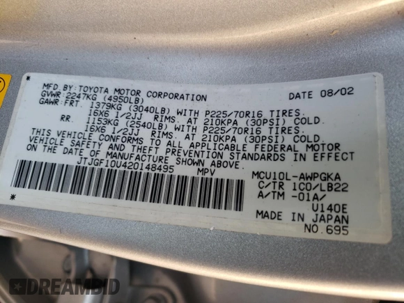 2002 Lexus RX 300 with VIN JTJGF10U420148495, listed as a Copart auction lot 77759494 with 0 mi miles and Salvage Title. Bid and sale history available at carsss.com. Image 13.