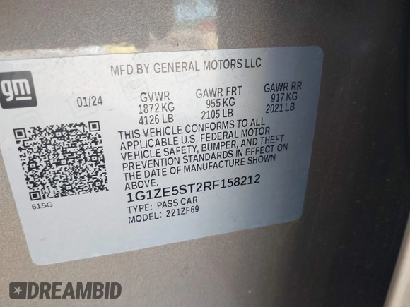 2024 Chevrolet Malibu LT with VIN 1G1ZE5ST2RF158212, listed as a IAAI auction lot 42216131 with 39,480 mi miles and . Bid and sale history available at DreamBid. Image 9.