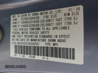 2008 Honda CR-V LX z VIN JHLRE48318C042561, wystawiony jako IAAI lot #42354311 z przebiegiem 190 434 mil mil oraz . Historia ofert i sprzedaży dostępna na DreamBid. Obrazek 9.