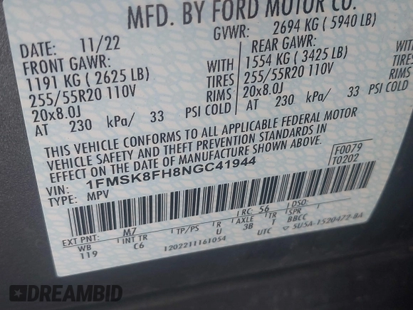 2022 Ford Explorer Limited with VIN 1FMSK8FH8NGC41944, listed as a IAAI auction lot 39074894 with 17,409 mi miles. Bid and sale history available at carsss.com. Image 9.
