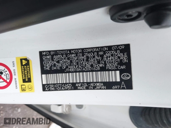 2010 Lexus HS 250h with VIN JTHBB1BA1A2001628, listed as a IAAI auction lot 41093703 with 159,929 mi miles. Bid and sale history available at carsss.com. Image 9.