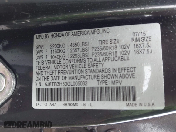 2016 Acura RDX Technology with VIN 5J8TB3H53GL005082, listed as a IAAI auction lot 42199370 with 68,228 mi miles and . Bid and sale history available at DreamBid. Image 9.