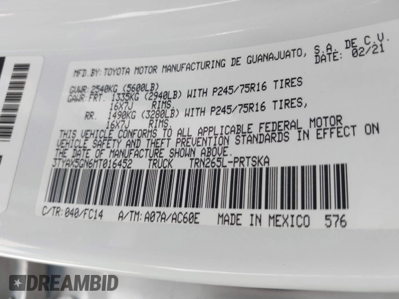 2021 Toyota Tacoma SR with VIN 3TYAX5GN6MT016452, listed as a IAAI auction lot 41816457 with 30,617 mi miles and . Bid and sale history available at DreamBid. Image 9.