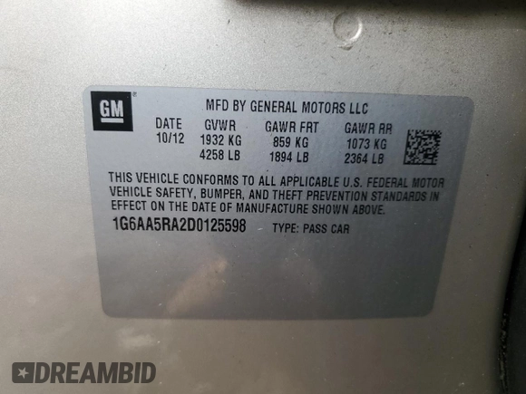 2013 Cadillac ATS with VIN 1G6AA5RA2D0125598, listed as a Copart auction lot 59322645 with 184,589 mi miles and Clean title. Bid and sale history available at DreamBid. Image 12.
