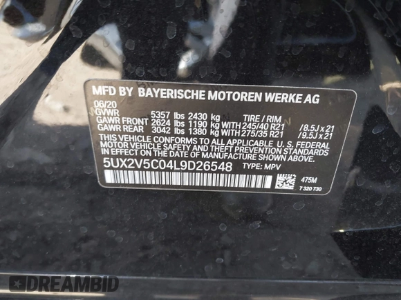 2020 BMW X4 M40i with VIN 5UX2V5C04L9D26548, listed as a IAAI auction lot 42473480 with Not provided miles and . Bid and sale history available at DreamBid. Image 9.
