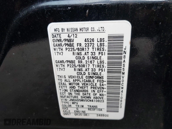 2012 Nissan Rogue S with VIN JN8AS5MV0CW410823, listed as a IAAI auction lot 42318432 with 182,191 mi miles and . Bid and sale history available at DreamBid. Image 9.