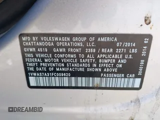 2015 Volkswagen Passat S with VIN 1VWAS7A31FC009620, listed as a IAAI auction lot 41999430 with 129,852 mi miles and . Bid and sale history available at DreamBid. Image 12.