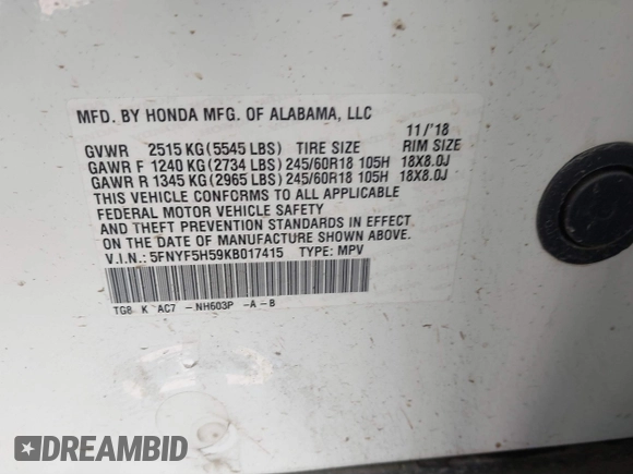 2019 Honda Pilot EX-L with VIN 5FNYF5H59KB017415, listed as a IAAI auction lot 41340852 with 125,433 mi miles and . Bid and sale history available at DreamBid. Image 9.