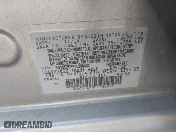 2015 Nissan Note SV with VIN 3N1CE2CP9FL396432, listed as a IAAI auction lot 41476318 with 168,065 mi miles and . Bid and sale history available at DreamBid. Image 9.