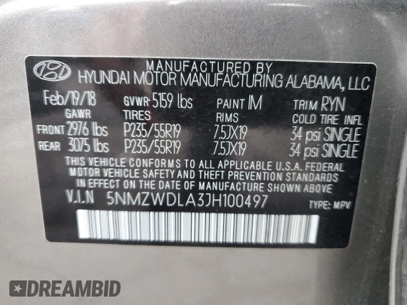 2018 Hyundai Santa Fe Ultimate with VIN 5NMZWDLA3JH100497, listed as a Copart auction lot 88510045 with 53,847 mi miles and Salvage title. Bid and sale history available at DreamBid. Image 12.