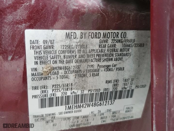 2008 Mercury Sable Premier with VIN 1MEHM42W48G612137, listed as a Copart auction lot 50747605 with 146,268 mi miles and Clean Title. Bid and sale history available at carsss.com. Image 14.