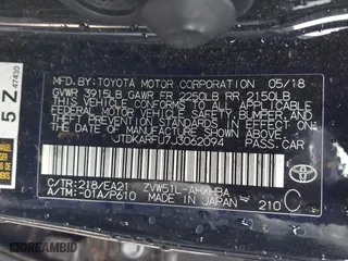 2018 Toyota Prius Two with VIN JTDKARFU7J3062094, listed as a IAAI auction lot 41648271 with 116,260 mi miles. Bid and sale history available at carsss.com. Image 9.