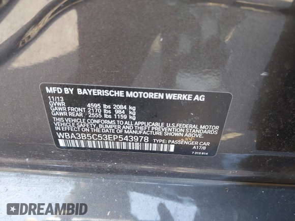 2014 BMW 3 Series 328i xDrive with VIN WBA3B5C53EP543978, listed as a IAAI auction lot 42538498 with 194,826 mi miles and . Bid and sale history available at DreamBid. Image 9.
