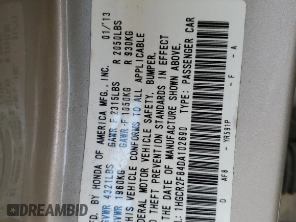 2013 Honda Accord Sdn EX-L with VIN 1HGCR2F84DA102690, listed as a Copart auction lot 49599325 with 214,866 mi miles and Salvage Title. Bid and sale history available at carsss.com. Image 13.
