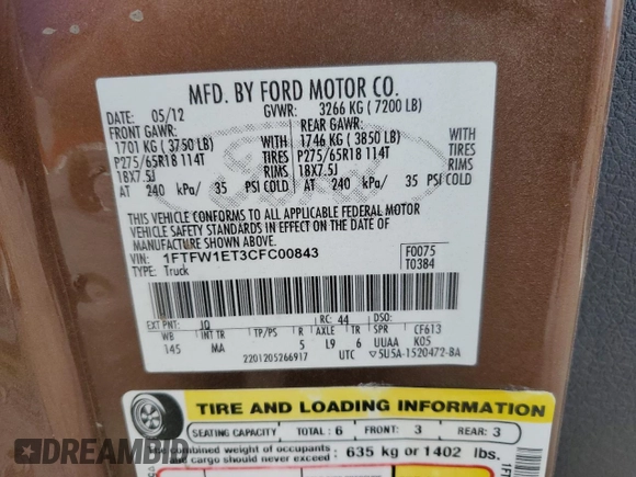 2012 Ford F-150 XL with VIN 1FTFW1ET3CFC00843, listed as a Copart auction lot 47220675 with 163,294 mi miles and Salvage Title. Bid and sale history available at carsss.com. Image 13.