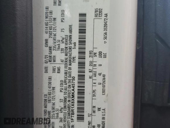 2021 Ford Transit Cargo с VIN 1FTBR1X8XMKA45750, выставлен на аукционе Copart как лот 58608595 с пробегом 43 107 миль миль и Списание • Salvage title. История ставок и продаж доступна на DreamBid. Изображение 13.