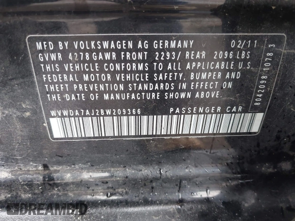 2011 Volkswagen Golf with VIN WVWDA7AJ2BW209366, listed as a IAAI auction lot 42425121 with 185,807 mi miles and . Bid and sale history available at DreamBid. Image 9.