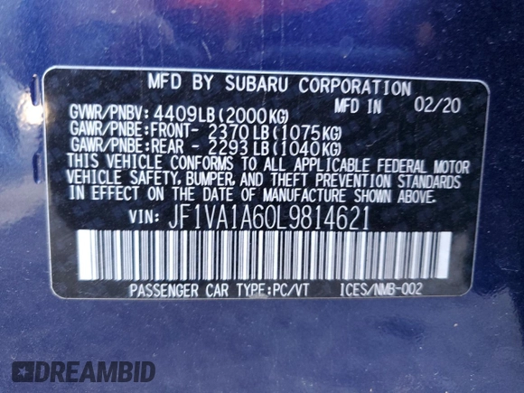 2020 Subaru WRX with VIN JF1VA1A60L9814621, listed as a Copart auction lot 49927295 with 74,912 mi miles and Salvage Title. Bid and sale history available at carsss.com. Image 13.