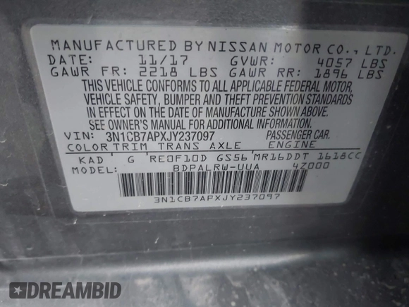 2018 Nissan Sentra SR Turbo с VIN 3N1CB7APXJY237097, выставлен на аукционе IAAI как лот 41943305 с пробегом 67 951 миль миль и . История ставок и продаж доступна на DreamBid. Изображение 9.