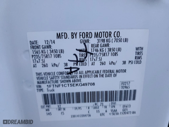 2014 Ford F-150 XL with VIN 1FTNF1CT5EKG49708, listed as a Copart auction lot 81585104 with 261,793 mi miles and Clean Title. Bid and sale history available at carsss.com. Image 12.