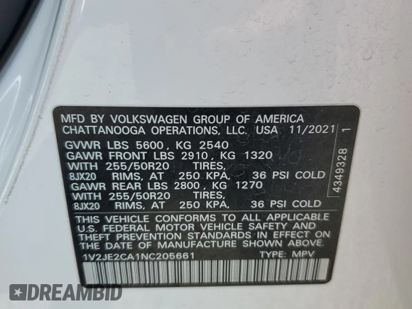 2022 Volkswagen Atlas SE с VIN 1V2JE2CA1NC205661, выставлен на аукционе Copart как лот 57092015 с пробегом 50 936 миль миль и Списание • Salvage title. История ставок и продаж доступна на DreamBid. Изображение 14.
