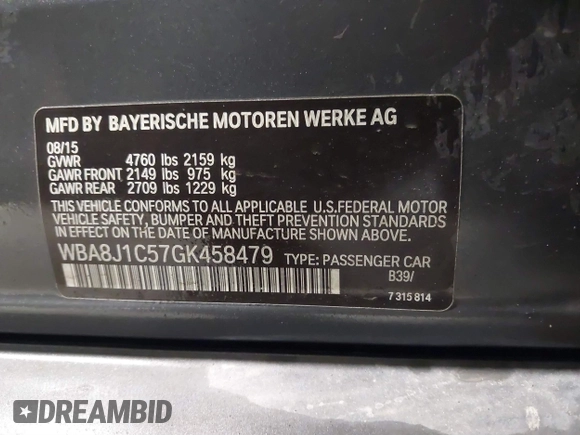 2016 BMW 3 Series 328d xDrive with VIN WBA8J1C57GK458479, listed as a IAAI auction lot 41449477 with 74,382 mi miles and . Bid and sale history available at DreamBid. Image 9.
