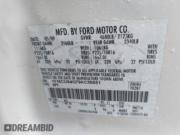 2009 Ford Escape Limited с VIN 1FMCU94G79KC56551, выставлен на аукционе IAAI как лот 42187404 с пробегом 251 062 миль миль и . История ставок и продаж доступна на DreamBid. Изображение 9.