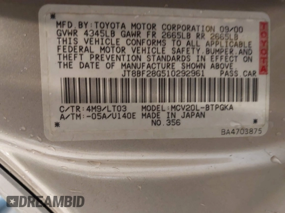2001 Lexus ES 300 with VIN JT8BF28G510292961, listed as a IAAI auction lot 41584509 with 205,752 mi miles and . Bid and sale history available at DreamBid. Image 9.