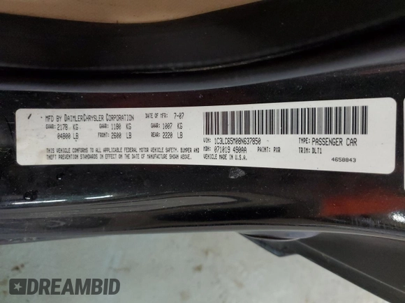 2008 Chrysler Sebring Limited with VIN 1C3LC65M08N637850, listed as a Copart auction lot 61598015 with 74,283 mi miles and Salvage title. Bid and sale history available at DreamBid. Image 12.