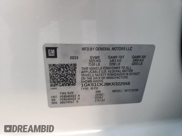 2019 GMC Yukon Denali with VIN 1GKS1CKJ9KR322958, listed as a Copart auction lot 79485874 with 86,512 mi miles and Salvage Title. Bid and sale history available at carsss.com. Image 13.