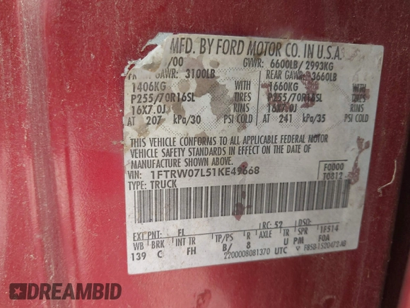 2001 Ford F-150 XLT с VIN 1FTRW07L51KE49668, выставлен на аукционе IAAI как лот 42131067 с пробегом 198 468 миль миль и . История ставок и продаж доступна на DreamBid. Изображение 9.