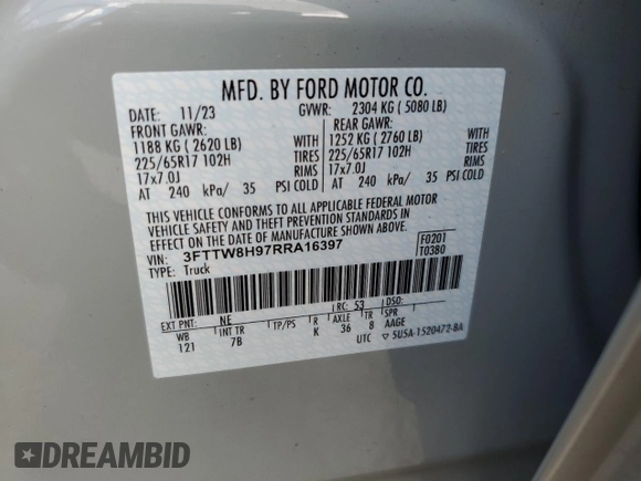 2024 Ford Maverick XLT with VIN 3FTTW8H97RRA16397, listed as a Copart auction lot 62136895 with 22,107 mi miles and Salvage title. Bid and sale history available at DreamBid. Image 12.