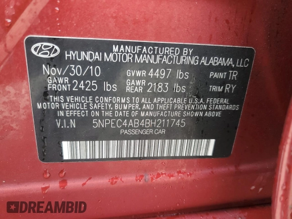 2011 Hyundai Sonata Limited with VIN 5NPEC4AB4BH211745, listed as a Copart auction lot 53936325 with 62,704 mi miles and Clean Title. Bid and sale history available at DreamBid. Image 12.