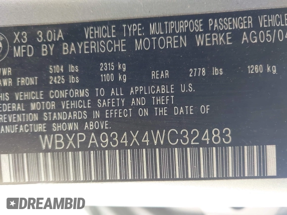 2004 BMW X3 3.0i with VIN WBXPA934X4WC32483, listed as a IAAI auction lot 42108041 with 175,299 mi miles. Bid and sale history available at carsss.com. Image 9.