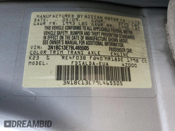 2009 Nissan Versa S with VIN 3N1BC13E79L465505, listed as a Copart auction lot 52097865 with 90,774 mi miles and Salvage Title. Bid and sale history available at DreamBid. Image 14.