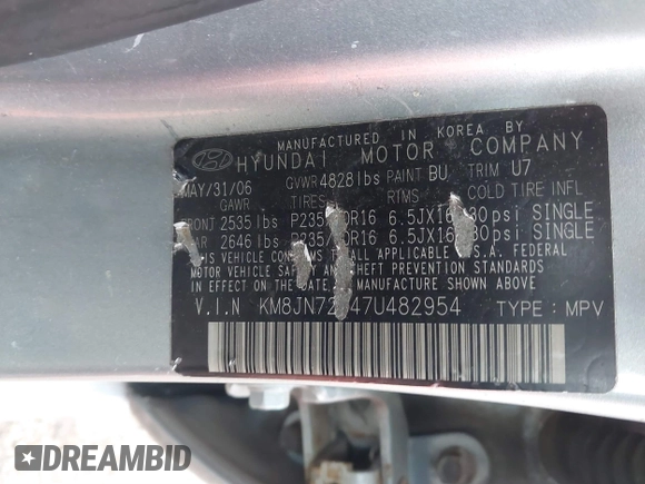 2007 Hyundai Tucson SE with VIN KM8JN72D47U482954, listed as a IAAI auction lot 41902192 with 170,045 mi miles and . Bid and sale history available at DreamBid. Image 9.