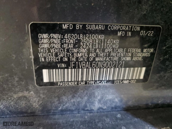 2022 Subaru WRX Limited with VIN JF1VBAL60N9002121, listed as a Copart auction lot 45738745 with 29,521 mi miles and Salvage Title. Bid and sale history available at carsss.com. Image 12.