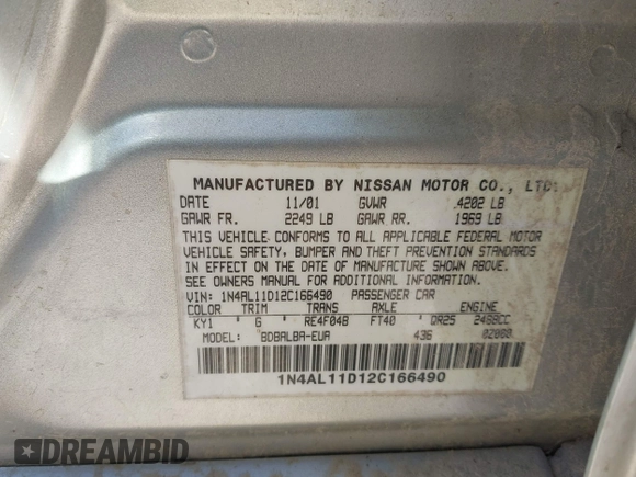 2002 Nissan Altima S with VIN 1N4AL11D12C166490, listed as a IAAI auction lot 42056634 with 203,367 mi miles. Bid and sale history available at carsss.com. Image 9.