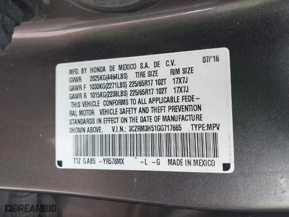 2016 Honda CR-V EX with VIN 3CZRM3H51GG717665, listed as a IAAI auction lot 41829921 with 73,204 mi miles. Bid and sale history available at carsss.com. Image 9.