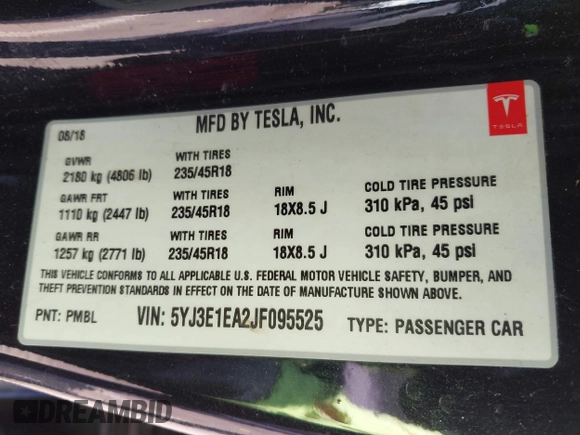 2018 Tesla Model 3 Long Range Battery z VIN 5YJ3E1EA2JF095525, wystawiony jako IAAI lot #42148713 z przebiegiem Nie podano mil oraz . Historia ofert i sprzedaży dostępna na DreamBid. Obrazek 9.