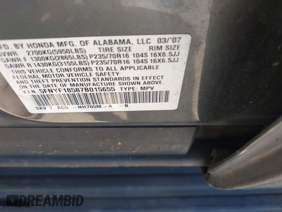 2007 Honda Pilot EX-L with VIN 5FNYF18587B015655, listed as a IAAI auction lot 42485193 with 293,684 mi miles and . Bid and sale history available at DreamBid. Image 9.