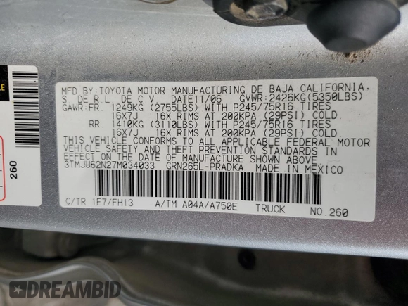 2007 Toyota Tacoma PreRunner с VIN 3TMJU62N27M034033, выставлен на аукционе Copart как лот 58383845 с пробегом 252 984 миль миль и Списание • Salvage title. История ставок и продаж доступна на DreamBid. Изображение 12.