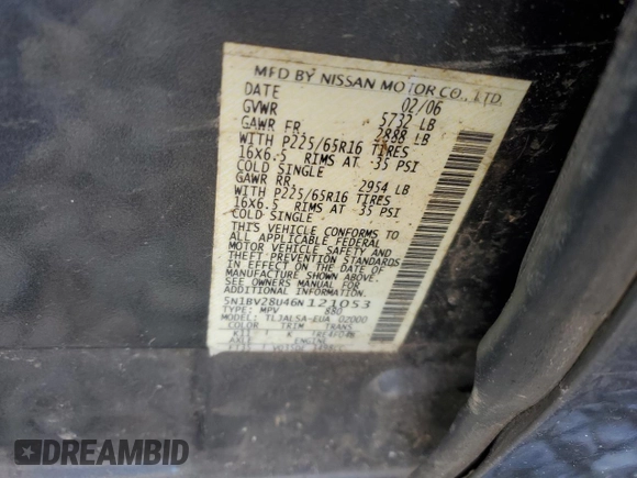 2006 Nissan Quest with VIN 5N1BV28U46N121053, listed as a Copart auction lot 82080434 with 168,902 mi miles and Salvage Title. Bid and sale history available at carsss.com. Image 14.
