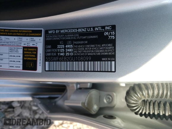 2016 Mercedes-Benz C 450 AMG with VIN 55SWF6EB2GU108099, listed as a Copart auction lot 52145215 with 10,367 mi miles and Salvage Title. Bid and sale history available at carsss.com. Image 12.