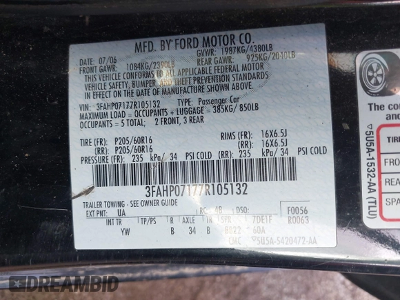 2007 Ford Fusion SE with VIN 3FAHP07177R105132, listed as a IAAI auction lot 41705099 with 222,344 mi miles. Bid and sale history available at carsss.com. Image 9.