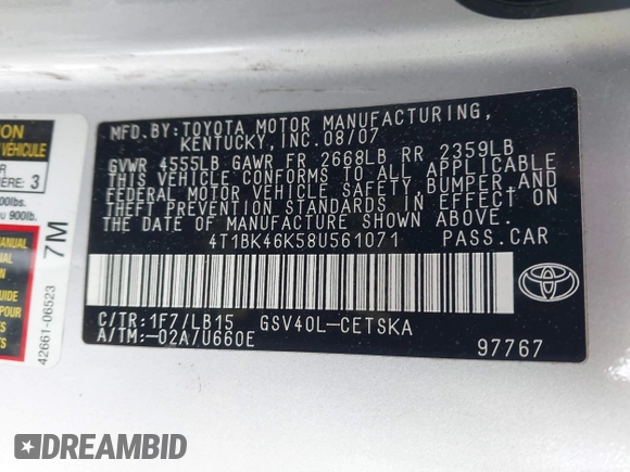 2008 Toyota Camry LE with VIN 4T1BK46K58U561071, listed as a IAAI auction lot 41541980 with 194,379 mi miles. Bid and sale history available at carsss.com. Image 9.