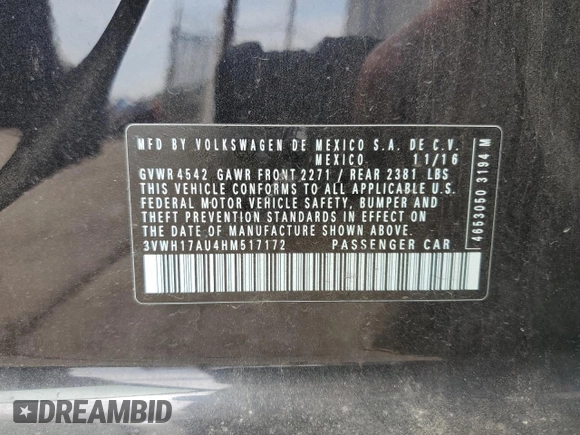 2017 Volkswagen Golf S z VIN 3VWH17AU4HM517172, wystawiony jako Copart lot #54742315 z przebiegiem Nie podano mil oraz Szkoda całkowita • Salvage title. Historia ofert i sprzedaży dostępna na DreamBid. Obrazek 13.