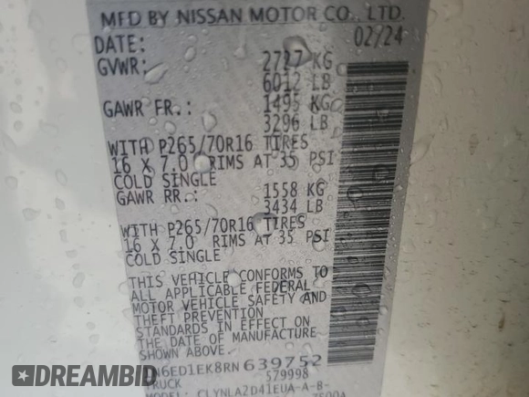 2024 Nissan Frontier S with VIN 1N6ED1EK8RN639752, listed as a Copart auction lot 80778324 with Not provided miles and Salvage title. Bid and sale history available at DreamBid. Image 12.
